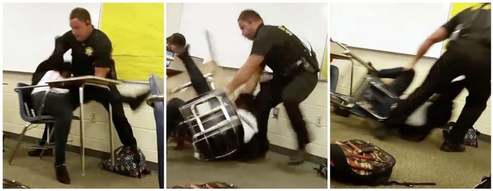 This three image combo made from video taken by a Spring Valley High School student on Monday, Oct, 26, 2015, shows Senior Deputy Ben Fields trying to forcibly remove a student from her chair after she refused to leave her high school math class, in Columbia S.C. The Justice Department opened a civil rights investigation Tuesday after Fields flipped the student backward in her desk and tossed her across the floor. (AP)