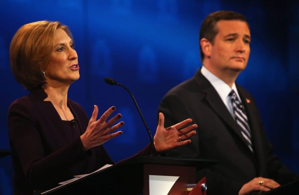 Presidential candidates Carly Fiorina (left) and Sen. Ted Cruz (R-TX) during the CNBC Republican Presidential Debate. (Justin Sullivan/Getty Images)