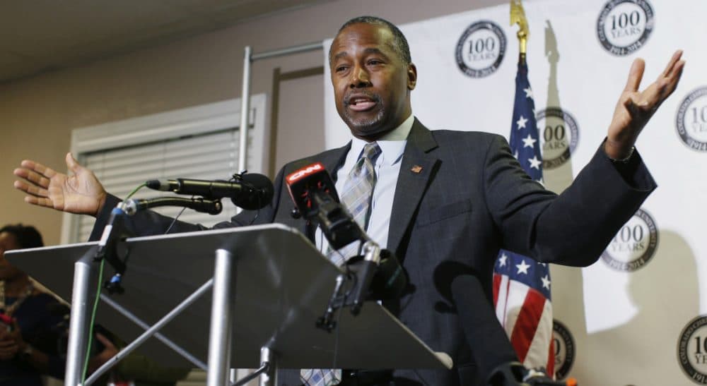 Dr. Ben Carson gestures during a news conference during a campaign stop, Thursday, Oct. 29, 2015, in Lakewood, Colo. The Republican candidate for president has compared both the Affordable Care Act and abortion to slavery. (David Zalubowski/ AP)