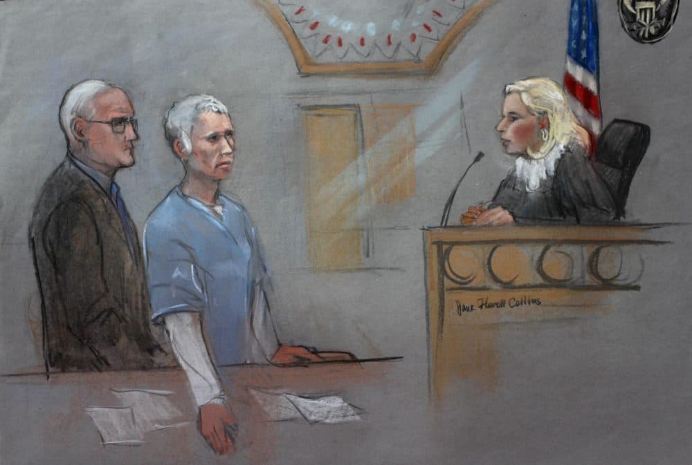 In this courtroom sketch, Catherine Greig, center, the longtime girlfriend of James &quot;Whitey&quot; Bulger, is depicted with her lawyer Kevin Reddington, left, before Judge Marianne Bowler, right, during a hearing Monday in federal court in Boston (Jane Flavell Collins via AP)
