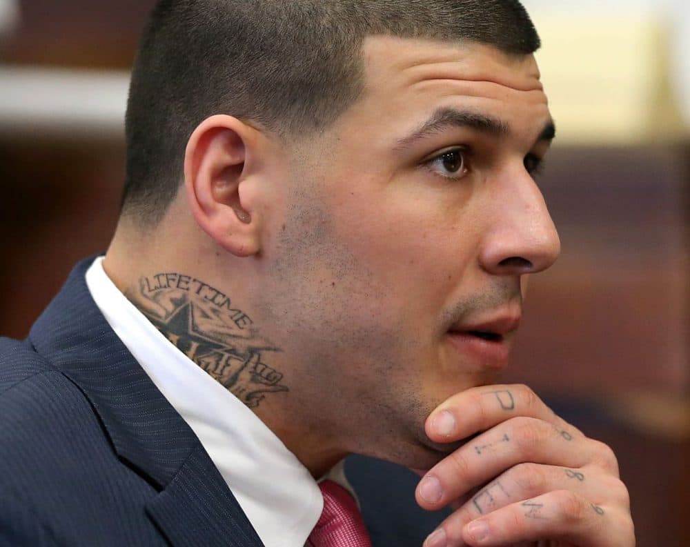 Former New England Patriots football player Aaron Hernandez attends a pre-trial hearing at Suffolk Superior Court in Boston Tuesday. (David L Ryan/The Boston Globe/Pool)