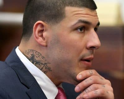 Former New England Patriots football player Aaron Hernandez attends a pre-trial hearing at Suffolk Superior Court in Boston Tuesday. (David L Ryan/The Boston Globe/Pool)