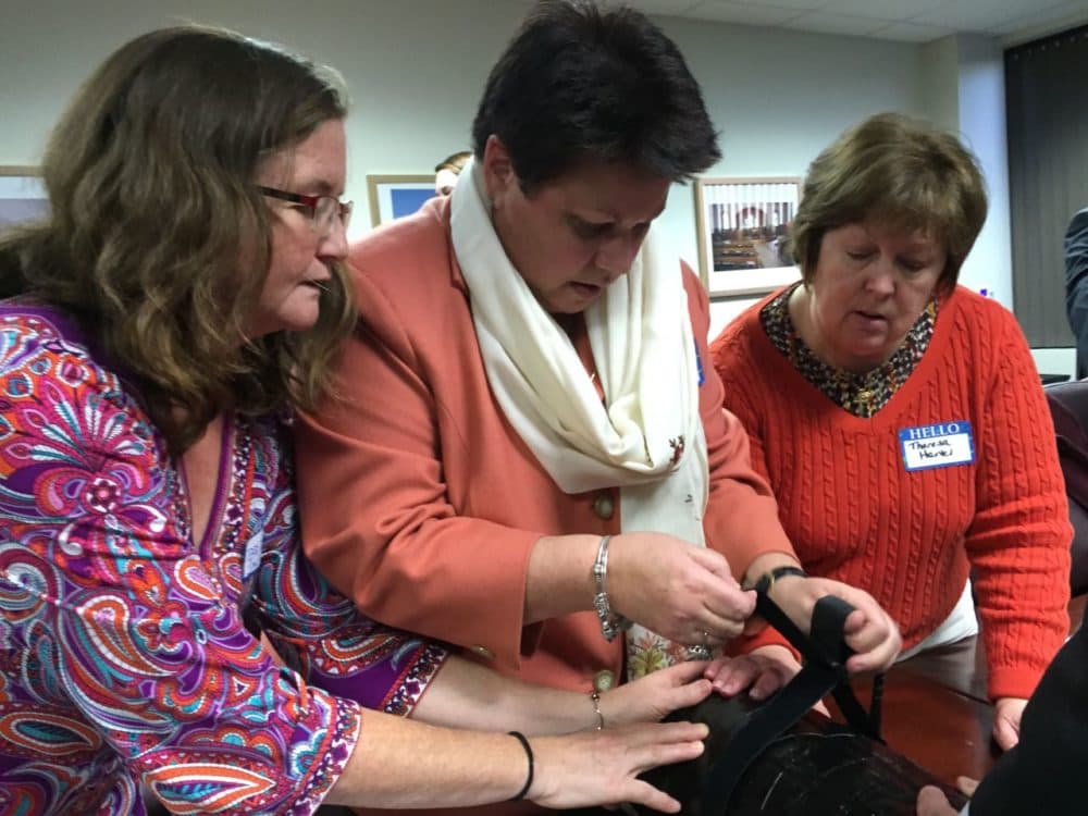 Nurses Bridget Jaklitsch (left) and Theresa Hartel (right) hold a dummy thigh in place as Elizabeth Paquette (center) threads the buckle on a tourniquet at a training session on stopping severe bleeding at the Archdiocese of Boston headquarters in Braintree. (Martha Bebinger/WBUR) 
