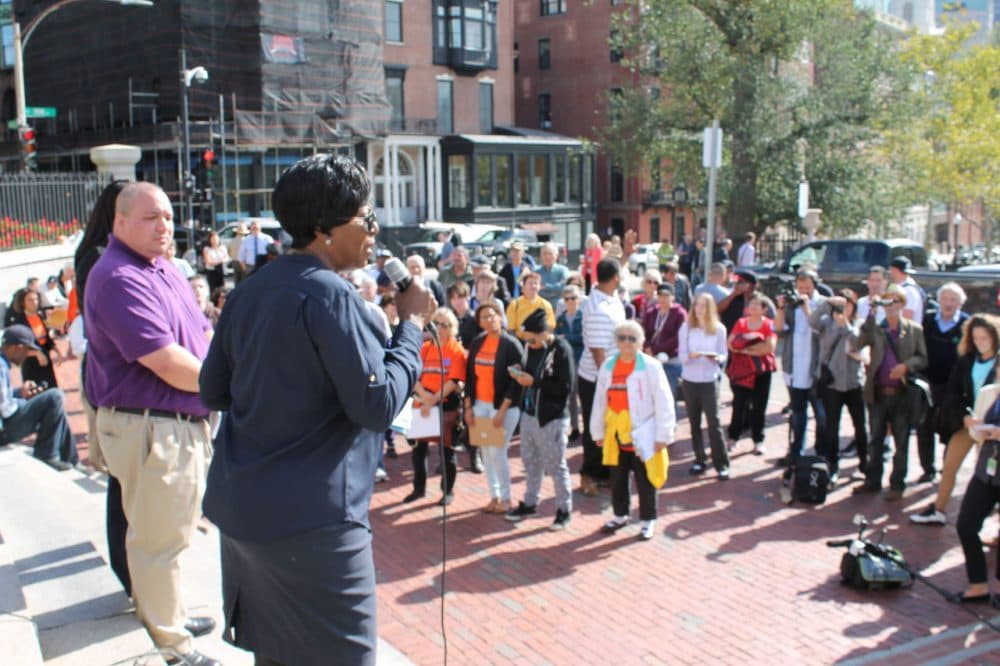 Several people gathered to share their stories at a Jobs Not Jails rally outside the State House Wednesday before the start of a Judiciary Committee hearing on 50 bills dealing with sentencing, correctional services and re-entry. (Antonio Caban/SHNS)