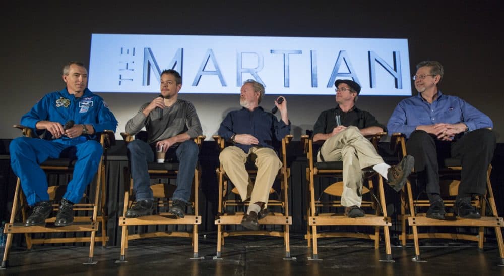Jacqueline Miller and Thomas Max Roberts: &quot;'The Martian' should be required viewing for all middle and high school students, and it should serve as a call to action for improving science education.&quot; Pictured: NASA Astronaut Drew Feustel, left, Actor Matt Damon, Director Ridley Scott, Author Andy Weir, and Director of the Planetary Science Division at NASA Headquarters Jim Green, participate in a question and answer session about NASA’s journey to Mars and the film &quot;The Martian,&quot; Tuesday, Aug. 18, 2015, at the United Artist Theater in La Cañada Flintridge, California. NASA scientists and engineers served as technical consultants on the film.  (Bill Ingalls/NASA)