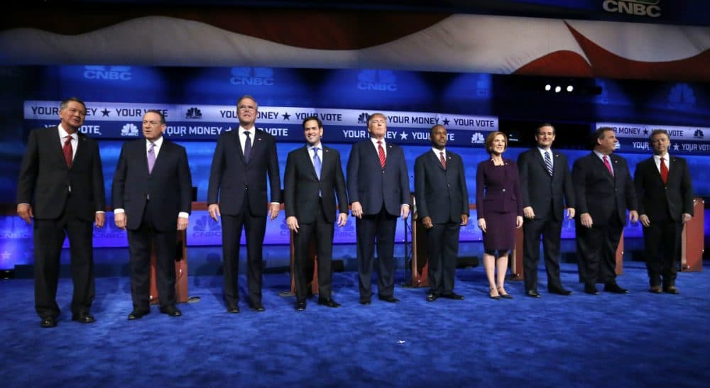 Julie Wittes Schlack: &quot;If government is nothing but an inefficient, mendacious, thieving obstacle to American progress and prosperity, then why run for President?&quot; Pictured: Republican presidential candidates, from left, John Kasich, Mike Huckabee, Jeb Bush, Marco Rubio, Donald Trump, Ben Carson, Carly Fiorina, Ted Cruz, Chris Christie, and Rand Paul take the stage during the CNBC Republican presidential debate at the University of Colorado, Wednesday, Oct. 28, 2015, in Boulder, Colo. (Brennan Linsley/AP)