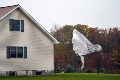 In this Oct. 28, 2015 photo provided by Ken Hunter, part of an unmanned Army surveillance blimp hangs off a group of trees after crash landing near Muncy, Pa. (AP)