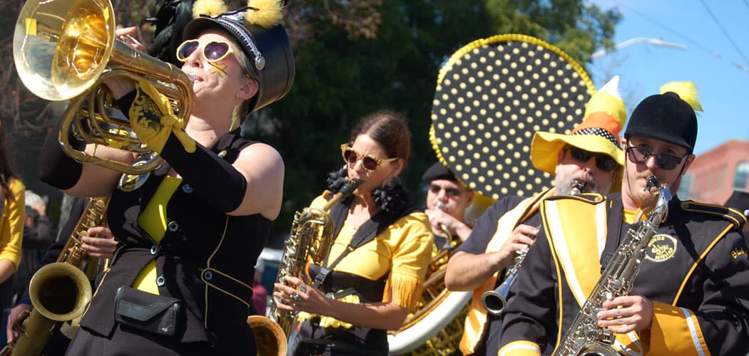 Minor Mishap Marching Band from Austin, Texas, performs during the Honk Parade on Sunday, Oct. 11, 2015. (Greg Cook/WBUR)