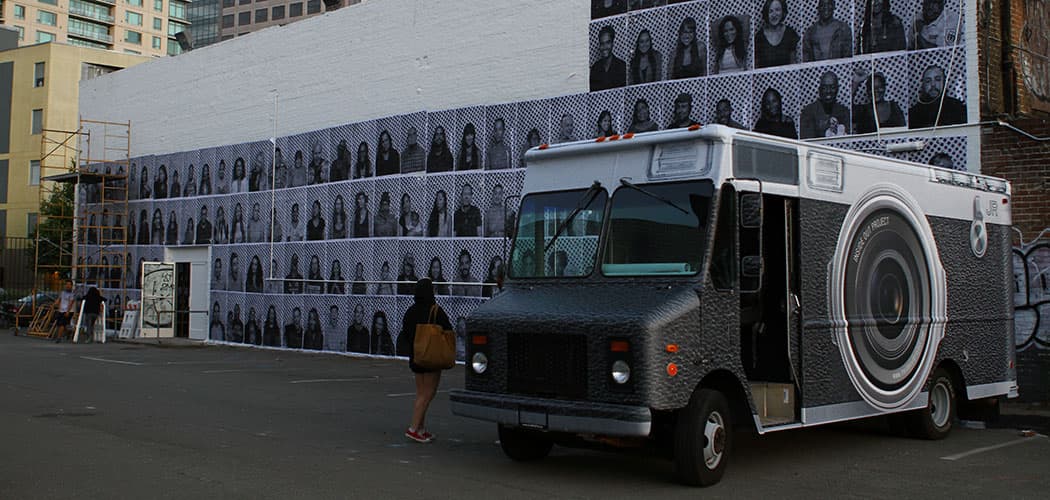 Street artist JR's “Inside Out Photobooth&quot; during a visit to Oakland. (Courtesy)