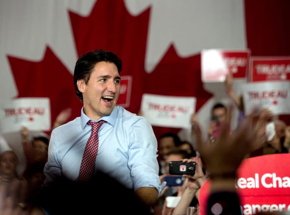 Canadian Liberal Party leader Justin Trudeau arrives at a victory rally in Ottawa on October 20, 2015, after his party won a landslide victory in national parliamentary elections. Trudeau will be sworn in today as prime minister. (Nicholas Kamm/AFP/Getty Images)