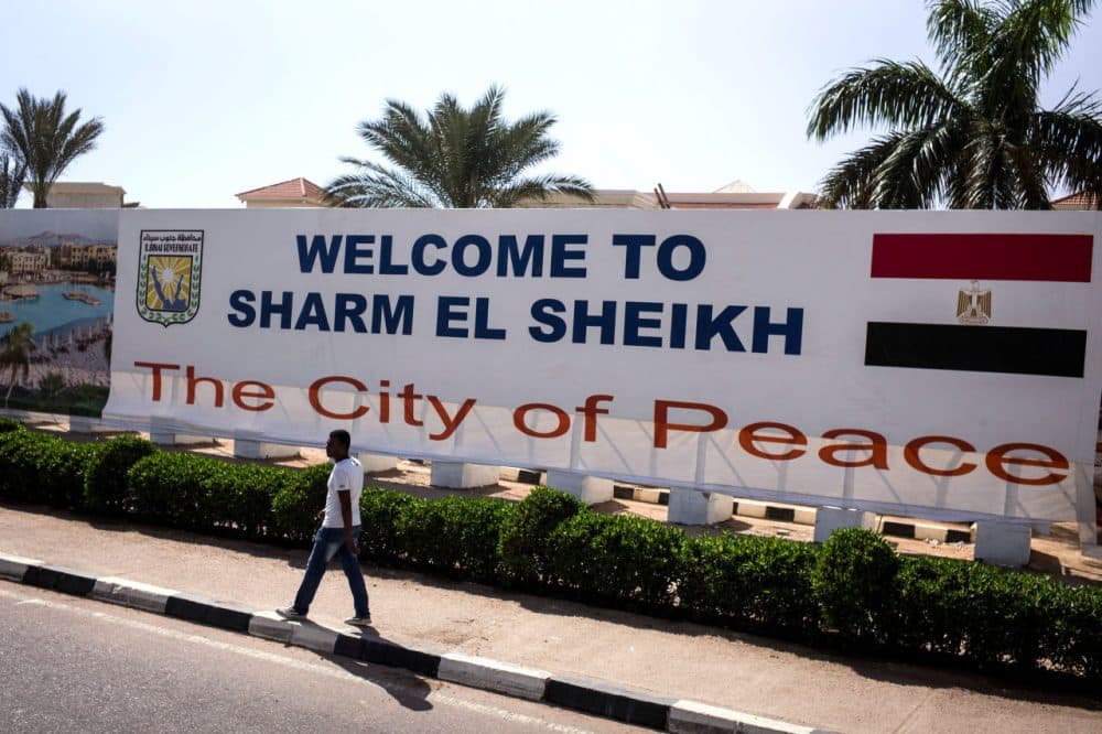A sign welcoming visitors to Sharm blocks the view of a new development on November 05, 2015 in Sharm El-Sheikh, Egypt. British flights going to and from Egyptian resort of Sharm El Sheikh were grounded today, as investigations continue into the crash of the Russian Airbus-321 earlier this week. This will affect around 20,000 British tourists currently in Sharm El-Sheikh according to Downing Street. (David Degner/Getty Images)