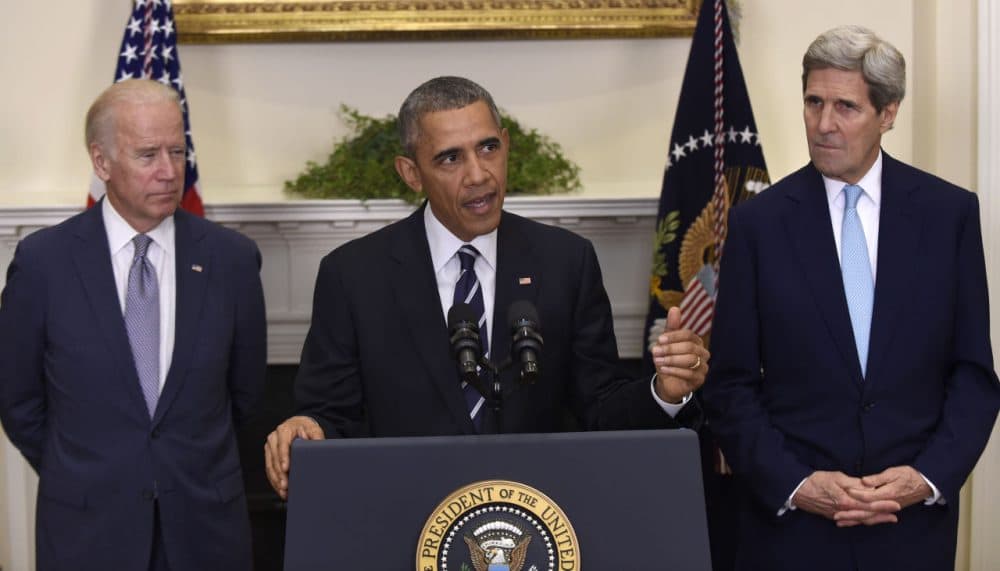 President Barack Obama, accompanied by Vice President Joe Biden and Secretary of State John Kerry, announces he's rejecting the Keystone XL pipeline because he does not believe it serves the national interest. (Susan Walsh/AP)