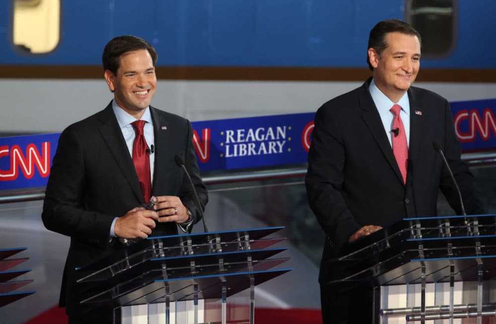 Republican presidential candidate Marco Rubio (left) and Ted Cruz (right) take part in the presidential debates at the Reagan Library on September 16, 2015 in Simi Valley, California. (Justin Sullivan/Getty Images)