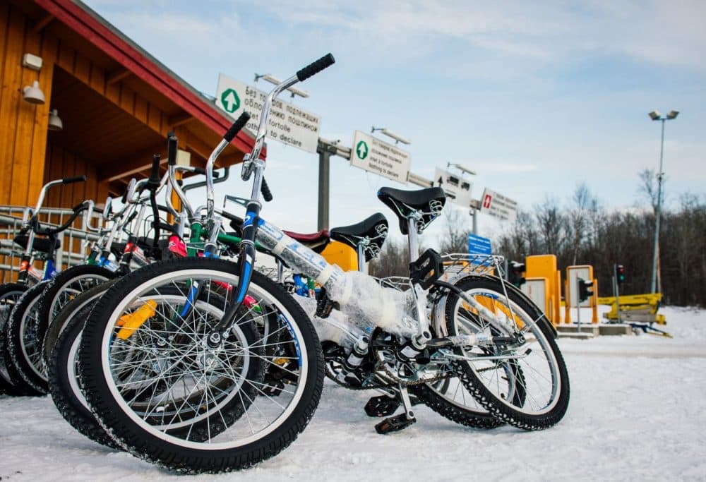 Bikes used by refugees are parked at the Norwegian border crossing station at Storskog after crossing the border from Russia.       (Jonathan Nackstrand/AFP/Getty Images)