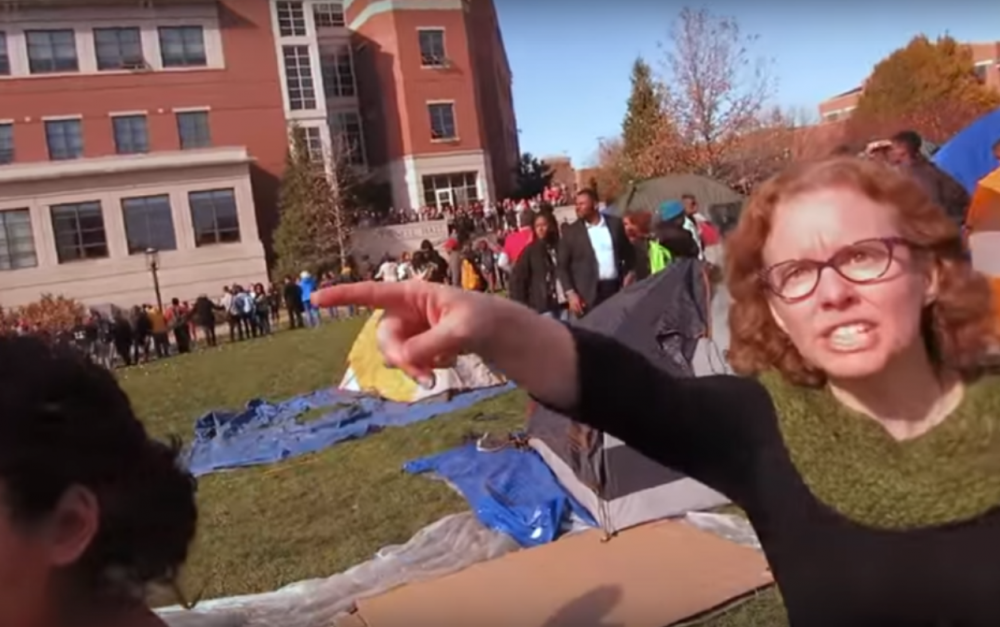 A woman identified as Melissa Click, an assistant professor of communications at University of Missouri, is seen in a screen grab from a video shot by student photographer Mark Schierbecker on Nov. 9, 2015. (YouTube screen shot)
