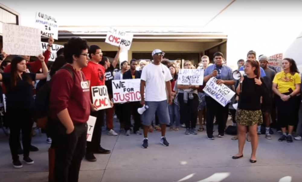 In a screen grab from a video posted Wednesday, Nov. 11, a coalition of campus groups for hold a demonstration to protest a lack of support from the Claremont McKenna College administration for students of color and others with marginalized identities. (CMC Forum/YouTube)