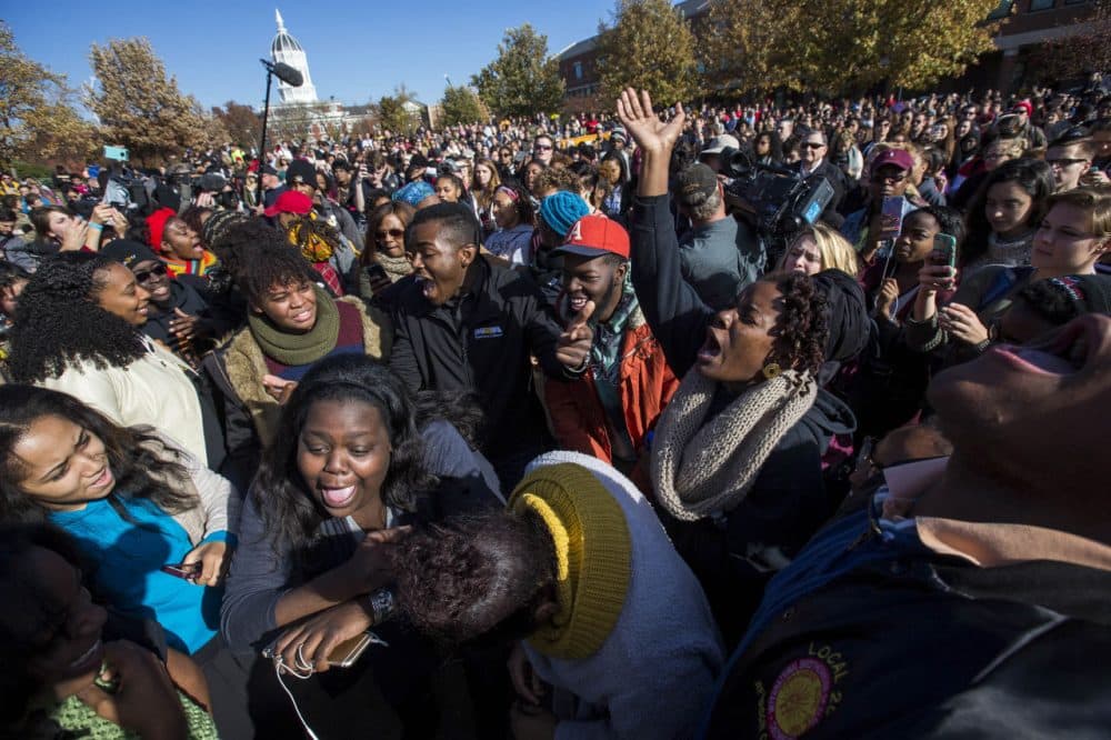 Protesters celebrate after the resignation of Missouri University president Timothy M. Wolfe on the Missouri University Campus November 9, 2015 in Columbia, Missouri. Wolfe resigned after pressure from students and student athletes over his perceived insensitivity to racism on the university campus. (Brian Davidson/Getty Images)