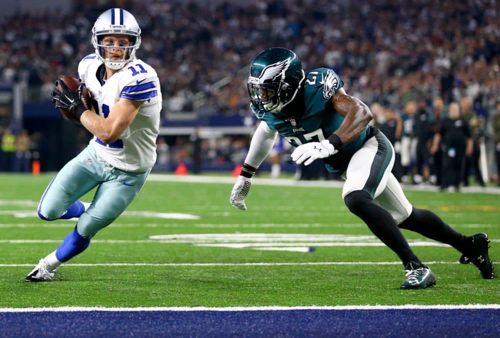 ARLINGTON, TX - NOVEMBER 8: Cole Beasley #11 of the Dallas Cowboys takes the ball to the goal line to score a touchdown against Malcolm Jenkins #27 of the Philadelphia Eagles in the first quarter at AT&amp;T Stadium on November 8, 2015 in Arlington, Texas. (Photo by Ronald Martinez/Getty Images)