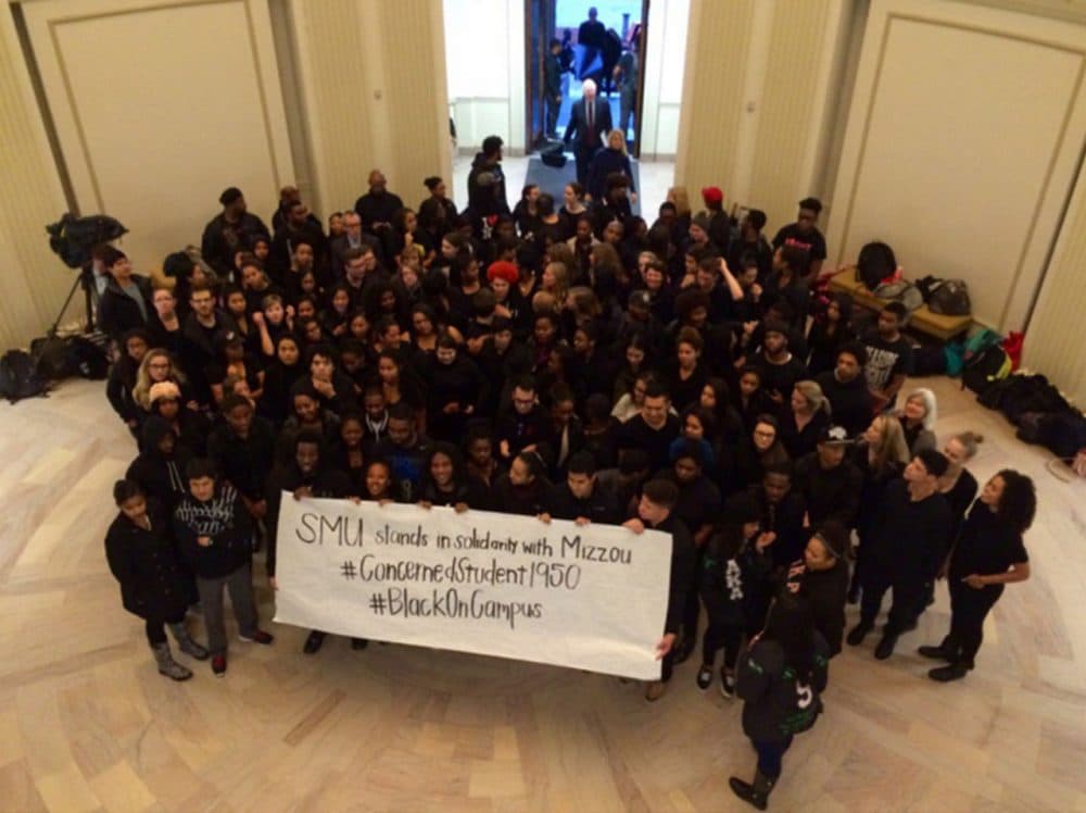 Students at Southern Methodist University rallying against racial discrimination. Yesterday, about 150 students gathered for a &quot;blackout&quot; to show support for black students at the University of Missouri, and to call attention to racial issues on their own campus. (Holly Hacker @hollyhacker/Twitter)