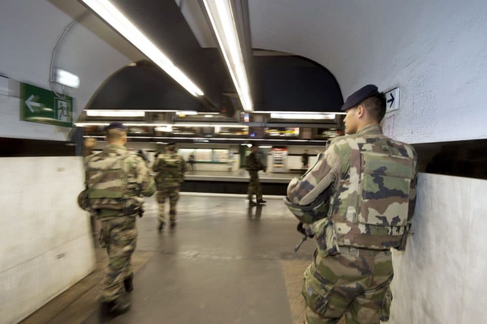 French soldiers patrol in a metro station in Paris on November 17, 2015, as part of security measures set following Paris' attacks. Gunmen and suicide bombers went on a killing spree in Paris on November 13, attacking a concert hall, bars, restaurants and the Stade de France. Islamic State jihadists operating out of Iraq and Syria released a statement claiming responsibility for the coordinated attacks that killed 129 people and left 352 others injured. (Joel Saget/AFP/Getty Images)