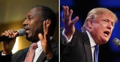 At right, Republican presidential candidate Ben Carson is pictured on September 30, 2015 in Exeter, New Hampshire. (Darren McCollester/Getty Images) At right, Donald Trump is pictured on May 16, 2015 in Des Moines, Iowa. (Scott Olson/Getty Images) 