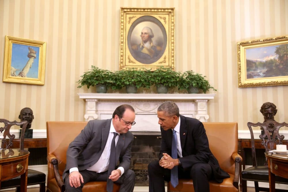 President Barack Obama meets with President Francois Hollande of France in the Oval Office of the White House in Washington, Tuesday, Nov. 24, 2015. Hollande's visit to Washington is part of a diplomatic offensive to get the international community to bolster the campaign against the Islamic State militants. (Andrew Harnik/AP Photo)
