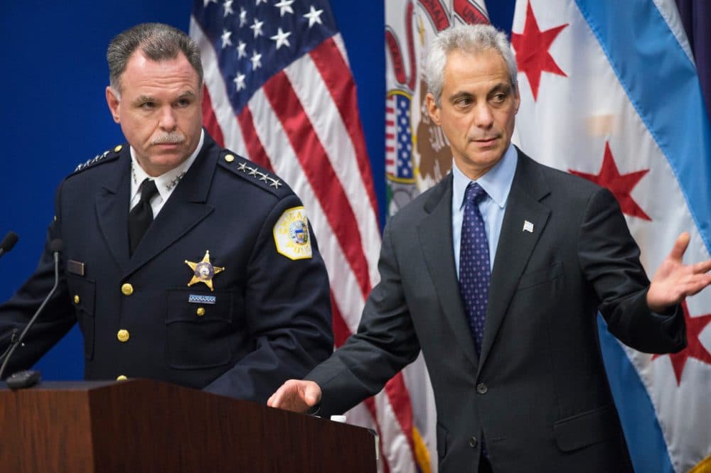 Chicago Police Superintendent Garry McCarthy (left) and Mayor Rahm Emanuel arrive for a  press conference to address the arrest of Chicago Police officer Jason Van Dyke on November 24, 2015 in Chicago, Illinois. Van Dyke has been charged with first degree murder for shooting 17-year-old Laquan McDonald 16 times on October 20, 2014 after responding to a call of a knife wielding man who had threatened the complainant and was attempting to break into vehicles in a trucking yard. Emanuel and McCarthy announced they were releasing police video of the shooting during the press conference.  (Scott Olson/Getty Images)