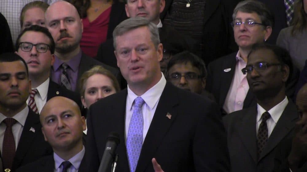 The move to include LGBT-owned businesses in contracting and procurement opportunities alongside those run by women and people of color is a first-in-the-nation effort, officials said. Here, Gov. Charlie Baker announces the initiative at the State House Tuesday. (Antonio Caban/SHNS)