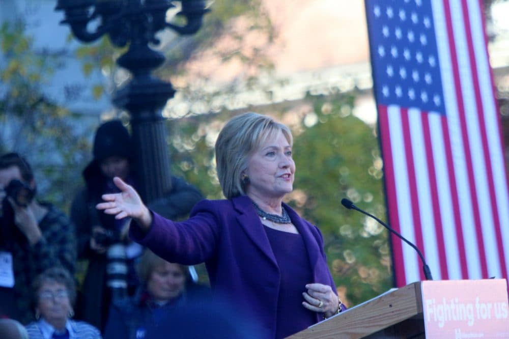 Democratic presidential candidate Hillary Clinton  speaks at the New Hampshire State House. on Nov. 9. (Courtesy of Allegra Boverman/New Hampshire Public Radio via Flickr)