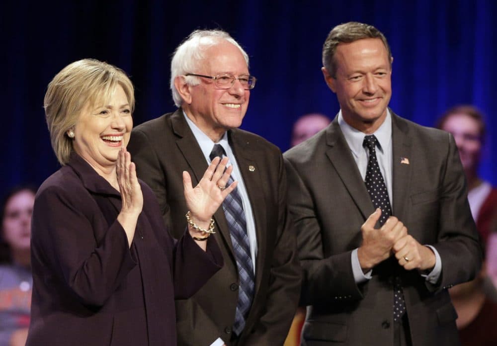 From left: Democratic presidential candidates Hillary Rodham Clinton, Bernie Sanders and Martin O'Malley smile after a forum at Winthrop University in Rock Hill, S.C., last week. (Chuck Burton/AP)