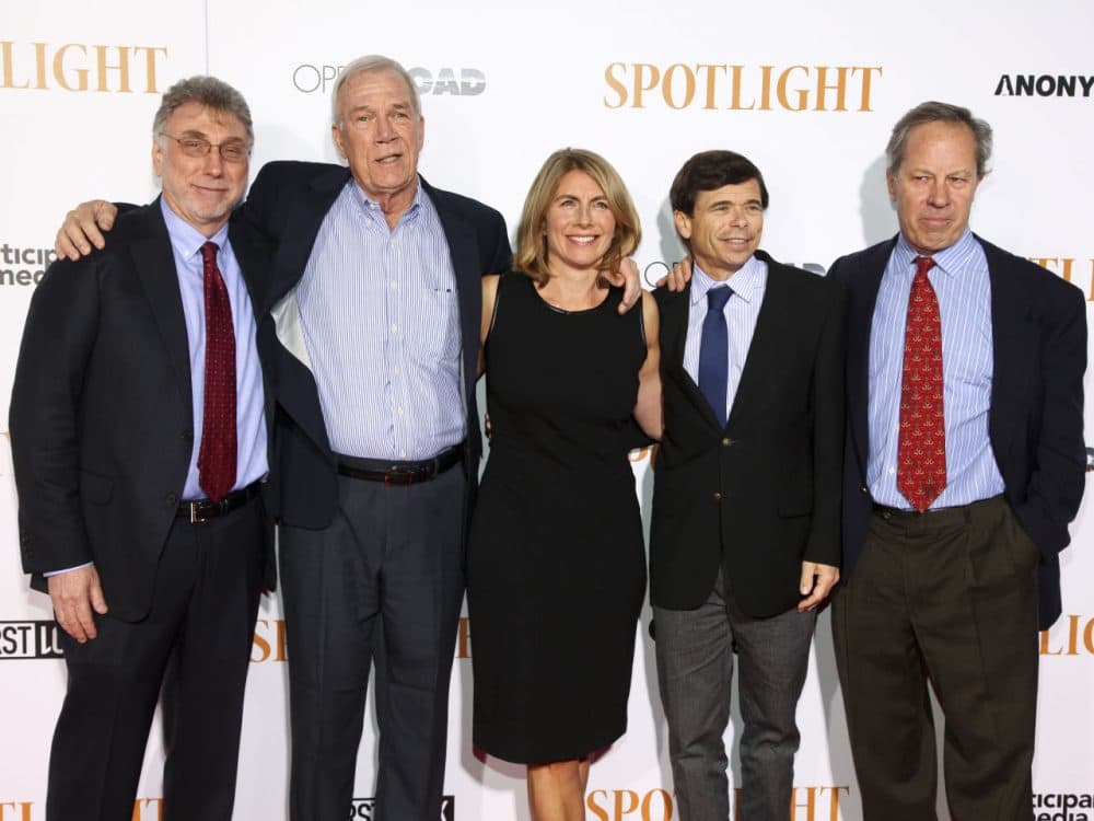 Marty Baron, from left, Walter Robinson, Sacha Pfeiffer, Mike Rezendes and Ben Bradlee, Jr. attend the premiere of &quot;Spotlight&quot; at the Ziegfeld Theatre on Tuesday, Oct. 27, 2015, in New York. (Photo by Andy Kropa/Invision/AP)