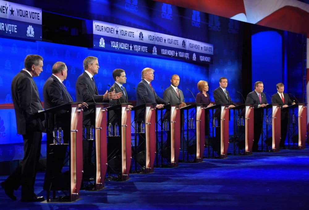 Donald Trump still leads Ben Carson in the New Hampshire Republican presidential primary, but Marco Rubio and Chris Christie have both seen significant gains since our last survey. Pictured here, Republican presidential candidates participate in last week's CNBC debate in Colorado. (Mark J. Terrill/AP)