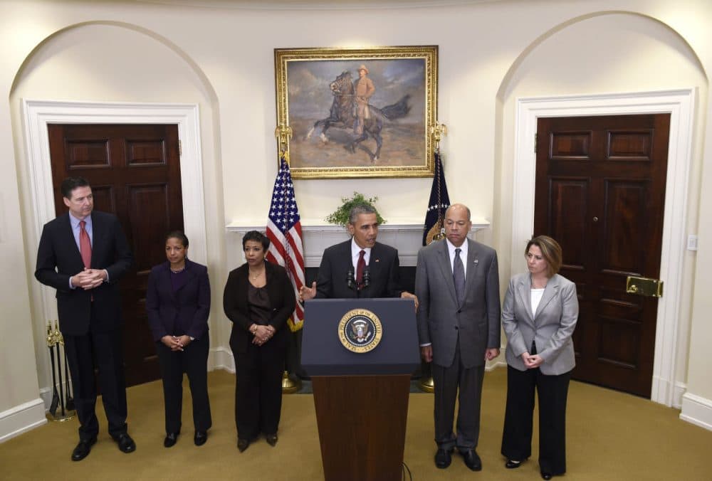 President Obama delivers a statement on national security from the White House on Wednesday, alongside, from left, FBI Director James Comey, National Security Adviser Susan Rice, Attorney General Loretta Lynch, Homeland Security Secretary Jeh Johnson and Assistant to the President for Homeland Security and Counterterrorism Lisa Monaco. (Susan Walsh/AP)