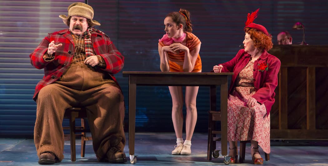 From left to right, Nick Offerman, Talene Monahon and Anita Gillette in &quot;A Confederacy of Dunces.&quot; (Courtesy of T. Charles Erickson/ Huntington Theatre Company)
