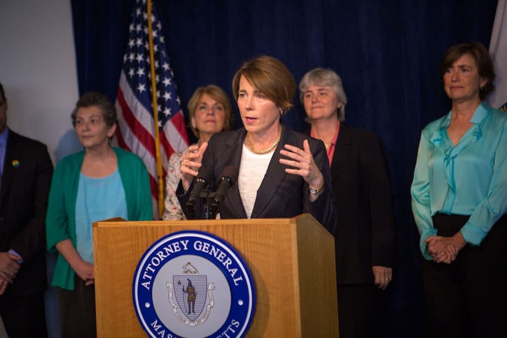 Attorney General Maura Healey released a study Wednesday afternoon about Massachusett's future energy needs. She opposes the Kinder Morgan proposed natural gas pipeline that would run through Franklin County. (Jesse Costa/WBUR)