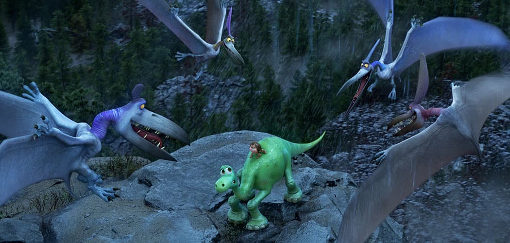 Arlo the dinosaur and his pal Spot are attacked by pterodactyls in &quot;The Good Dinosaur.&quot; (Disney-Pixar)