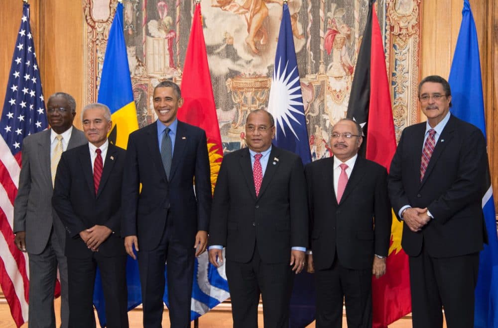 US President Barack Obama (3rd L) poses with Barbados Prime Minister Freundel Stuart (L), Kiribati President Anote Tong (2nd L), Mashall Islands President Christopher Loeak (3rd R), Papua New Guinea Prime Minister Peter O'Neil (2nd R) and St. Lucia Prime Minister Kenny Anthony (R) during a photo for the small island nations multilateral meeting at the Organization for Economic Co-Operation and Development Centre in Paris, on December 1, 2015.  (Jim Watson/AFP/Getty Images)