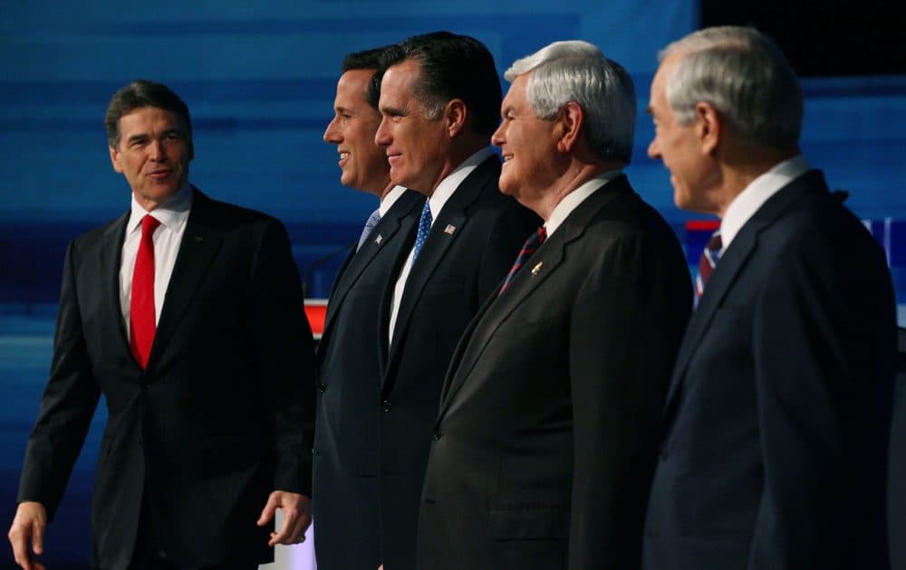 Presidential candidates (L-R) Texas Gov. Rick Perry, former U.S. Sen. Rick Santorum, former Massachusetts Gov. Mitt Romney, former Speaker of the House Newt Gingrich, and U.S. Rep. Ron Paul (R-TX) pose for a photos before participating in a Fox News, Wall Street Journal sponsored debate at the Myrtle Beach Convention Center, on January 16, 2012 in Myrtle Beach, South Carolina. A year before the 2012 election, Perry was polling as the Republican front-runner. (Mark Wilson/Getty Images)