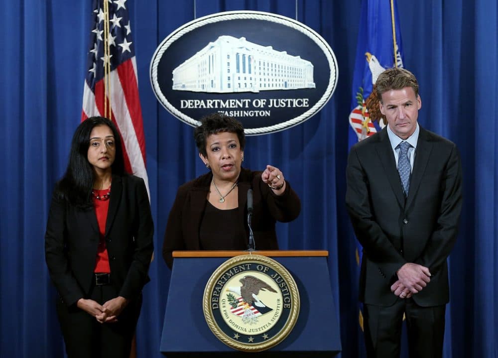 U.S. Attorney General Loretta Lynch (center) speaks during a press conference at the Department of Justice with Principal Deputy Assistant Attorney General Vanita Gupta (left), head of the Civil Rights Division and U.S. Attorney Zachary T. Fardon (right) of the Northern District of Illinois on December 7, 2015 in Washington, DC. Lynch announced a Justice Department investigation into the practices of the Chicago Police Department during the press conference.   (Win McNamee/Getty Images)