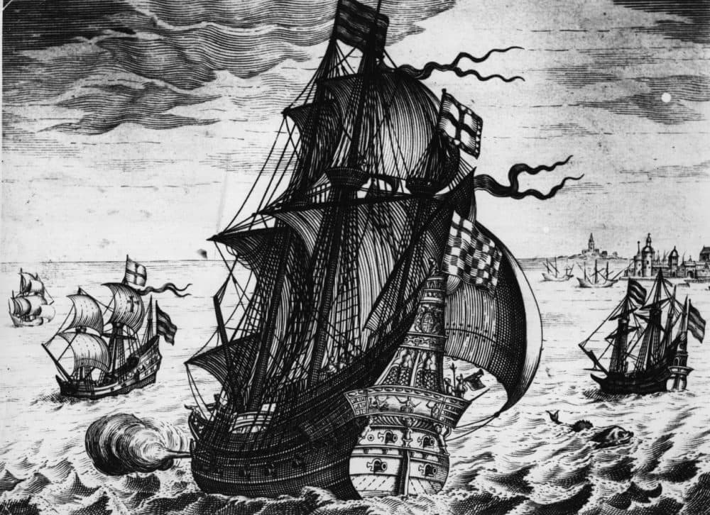 An illustration depicts a Spanish galleon of the mid-16th century on the high seas. (Hulton Archive/Getty Images)