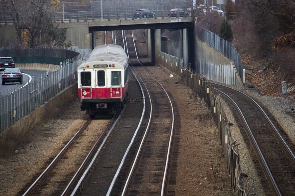 An MBTA Red Line train heads toward Braintree Station Thursday. (Jesse Costa/WBUR)