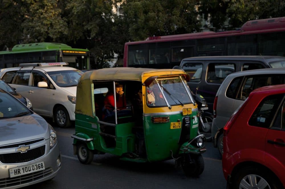 An Indian woman travels in an auto-rickshaw, a cheaper mode of three wheeler taxi service in New Delhi, India, Monday, Dec. 8, 2014. (Bernat Armangue/AP)