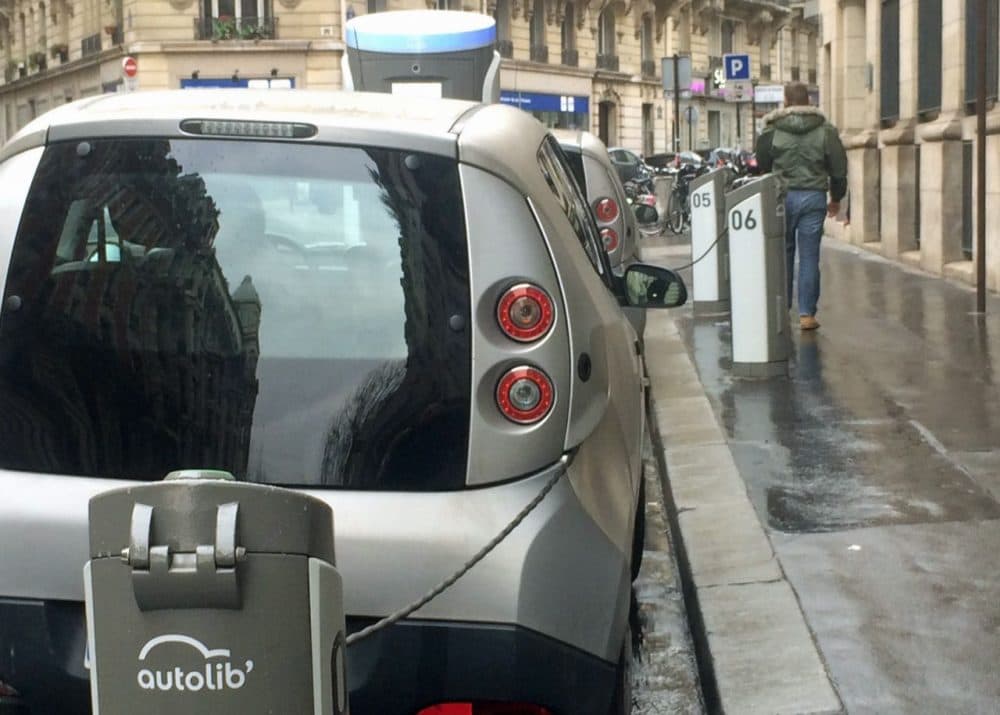 One Autobib charging station is outside the renowned Sorbonne University in Paris. It’s a good location for such cars, since 60 percent of Autolib customers are under 35 years old. (Dan Grossman)