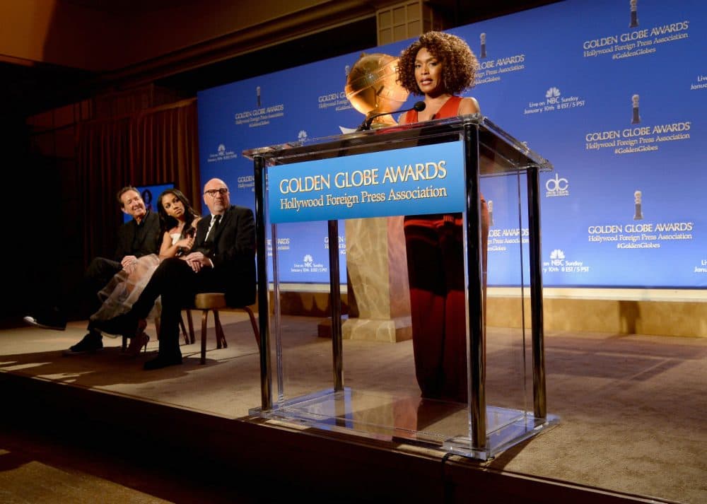 EVP of Television for Dick Clark Productions Barry Adelman, Miss Golden Globe 2016 Corinne Foxx, President of the Hollywood Foreign Press Association Lorenzo Soria and actress/director Angela Bassett speak onstage at the 73rd Annual Golden Globe Awards Nominations Announcement at The Beverly Hilton Hotel on December 10, 2015 in Beverly Hills, California. (Photo by Kevork Djansezian/Getty Images)