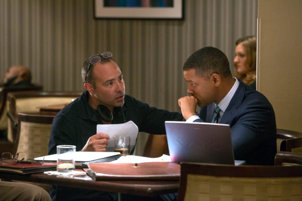 Director Peter Landesman, left, and Will Smith on set of Columbia Pictures' &quot;Concussion.&quot;