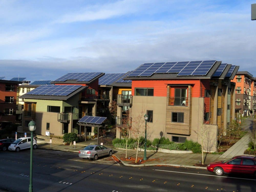This complex of ten highly efficient townhouses in Issaquah, Washington was designed to be the first net-zero-energy townhome complex in the country. (Tom Banse/Northwest News Network)
