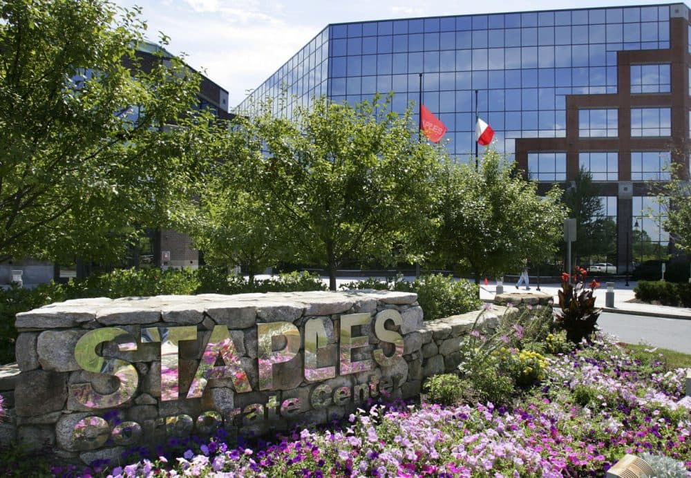 Staples Inc. headquarters is seen in 2005 in Framingham, Mass. The office supplies giant is attempting to acquire rival company Office Depot. (Michael Dwyer/AP)