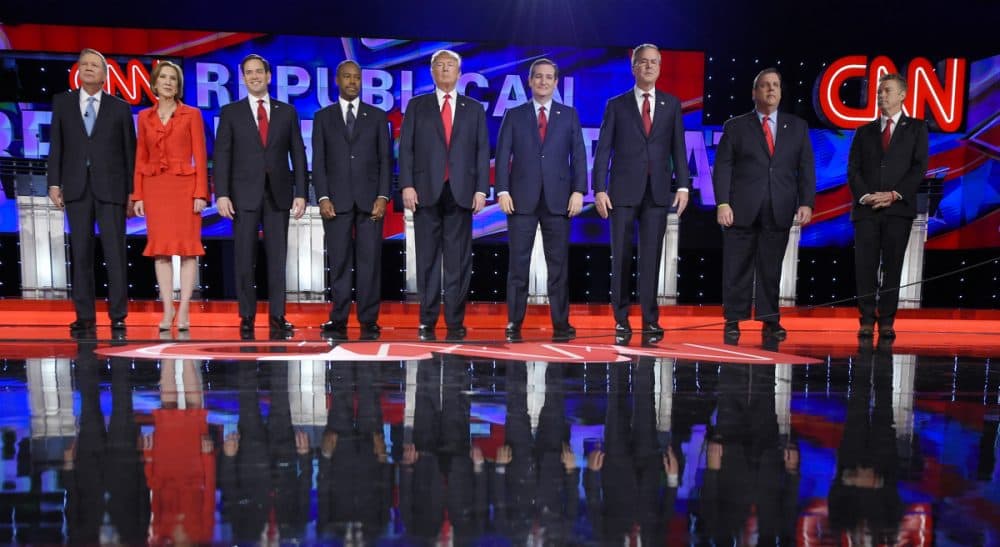 Republican presidential candidates, from left, John Kasich, Carly Fiorina, Marco Rubio, Ben Carson, Donald Trump, Ted Cruz, Jeb Bush, Chris Christie, and Rand Paul take the stage during the CNN Republican presidential debate at the Venetian Hotel &amp; Casino on Tuesday, Dec. 15, 2015, in Las Vegas. (Mark J. Terrill/ AP)