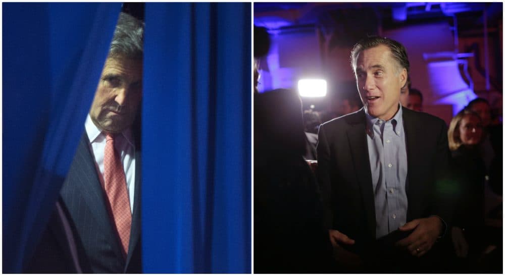 Both the Democrats and the GOP face big issues internally. Tom Keane offers a modest proposal on behalf of the Bay State. Secretary of State John Kerry, pictured here on Dec. 17, 2015; and former Mass. Gov. Mitt Romney, pictured here on Jan. 16, 2015.
(Pablo Martinez Monsivais, Gregory Bull/ AP)