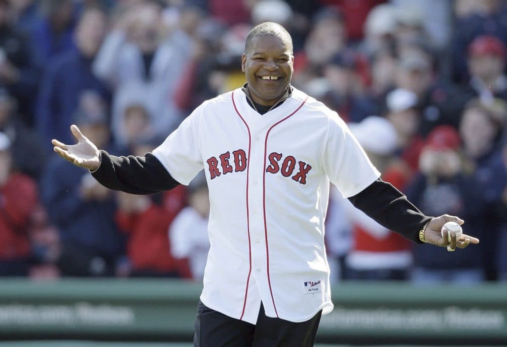 This Oct. 11, 2009 file photo shows former Boston Red Sox outfielder Dave Henderson walking onto the field to throw out the ceremonial first pitch before Game 3 of an ALCS between the Boston Red Sox and Los Angeles Angels at Fenway. (Charles Krupa/AP File)